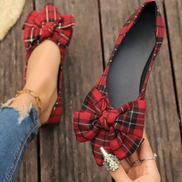 Shoes - Red Casual Women's Flat Slip-On Loafers with Plaid Floral Design
